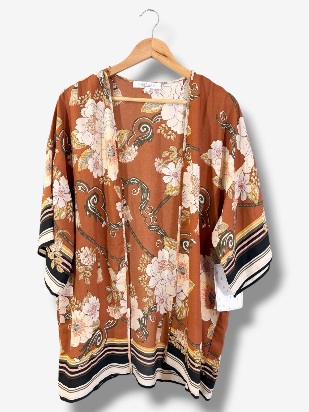 NWT Sweet Rain Floral Kimono Size L Sheer Beach Cover Brown Black Stripe Boho